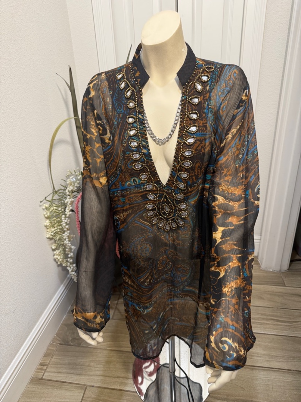 VENUS Black and Gold Embellished Sheer Swim Cover-Up